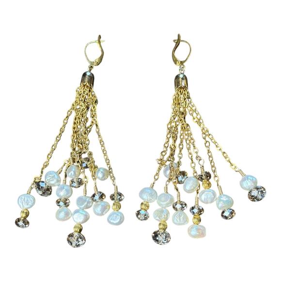 Gold Tassel‎ Dangle Earrings – Faux Pearl & Crystal Beads, Statement Jewelry - Picture 2 of 3